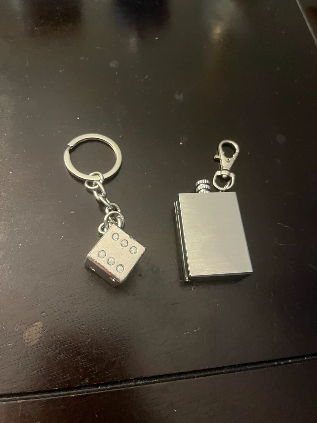 Mini flask keychain and dice keychain set