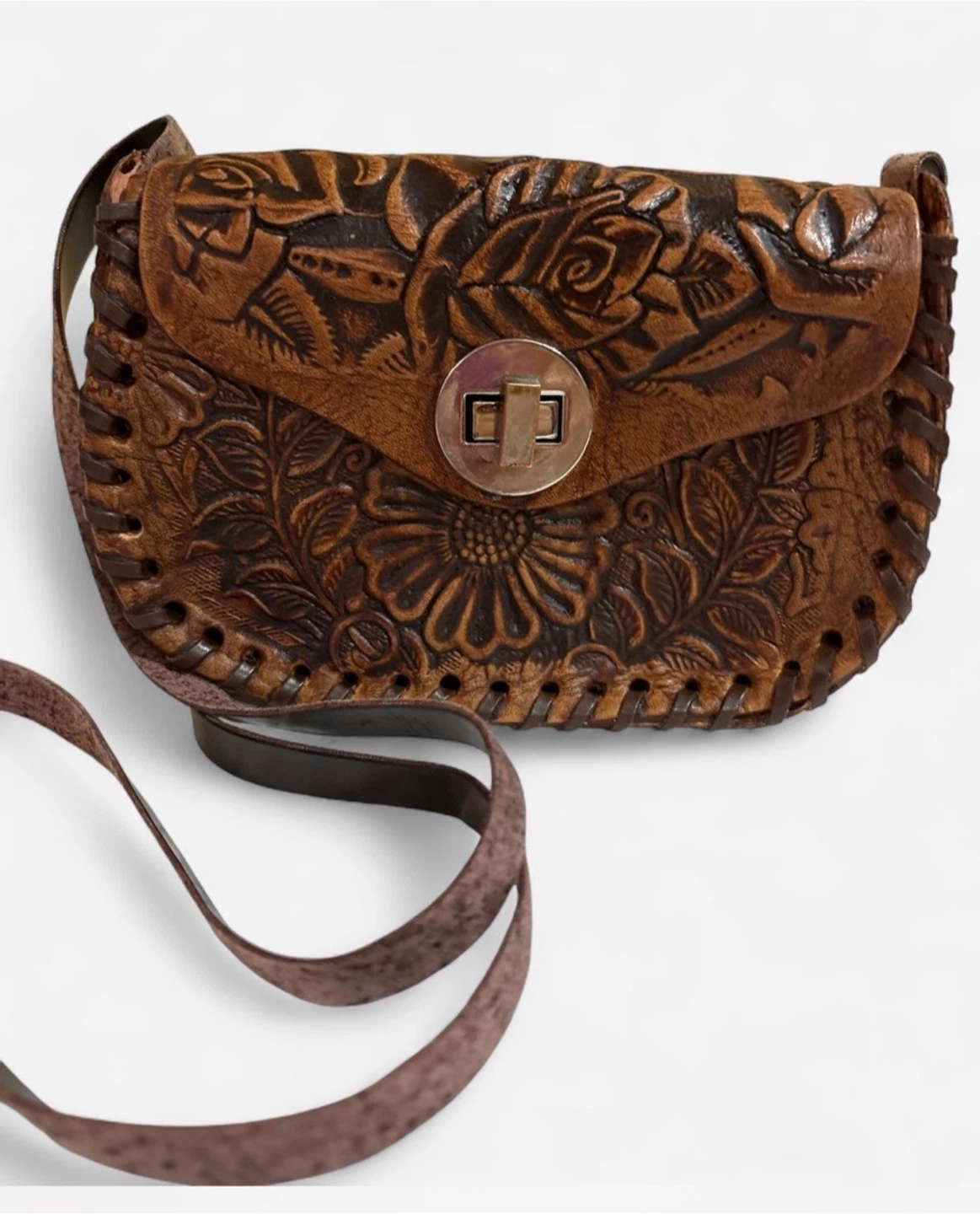 Vintage Hand-Tooled Leather Crossbody Bag