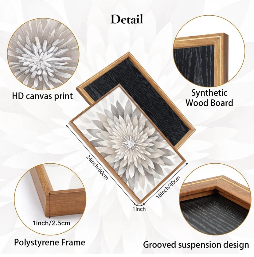 New Modern Floral Burst Framed Canvas Wall Art Set 16”x24” - photo 3