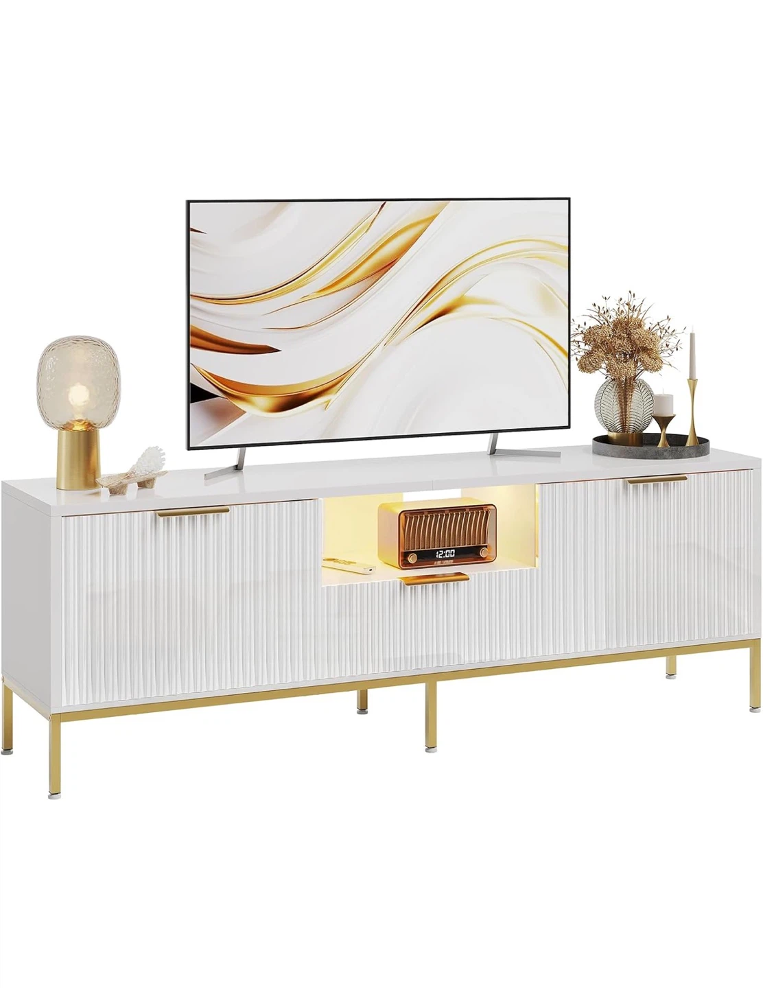 Modern white and gold TV stand with ribbed doors - photo 2