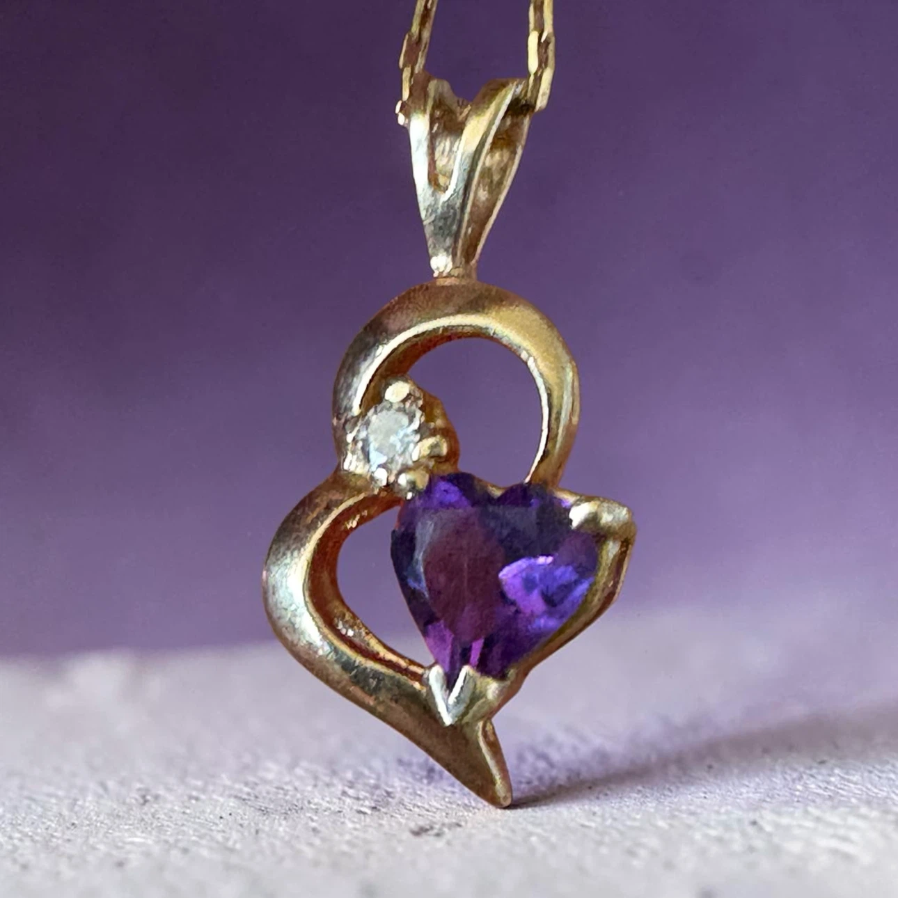 14k solid gold Heart Shape Amethyst and Diamond Necklace