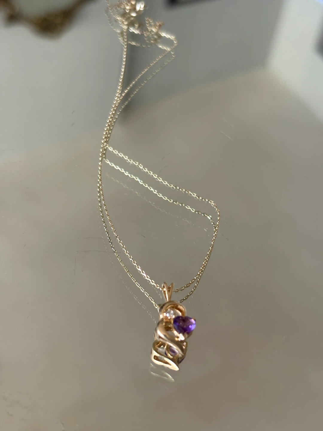 14k solid gold Heart Shape Amethyst and Diamond Necklace - photo 5