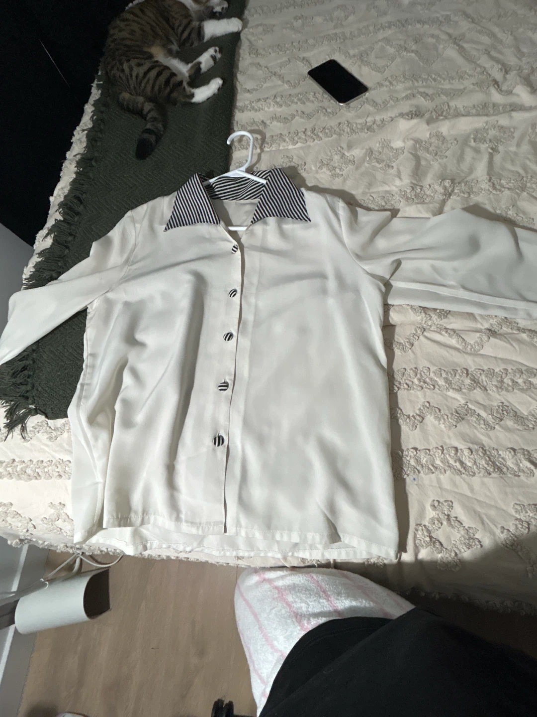 Cream Long Sleeve Blouse with Striped Collar