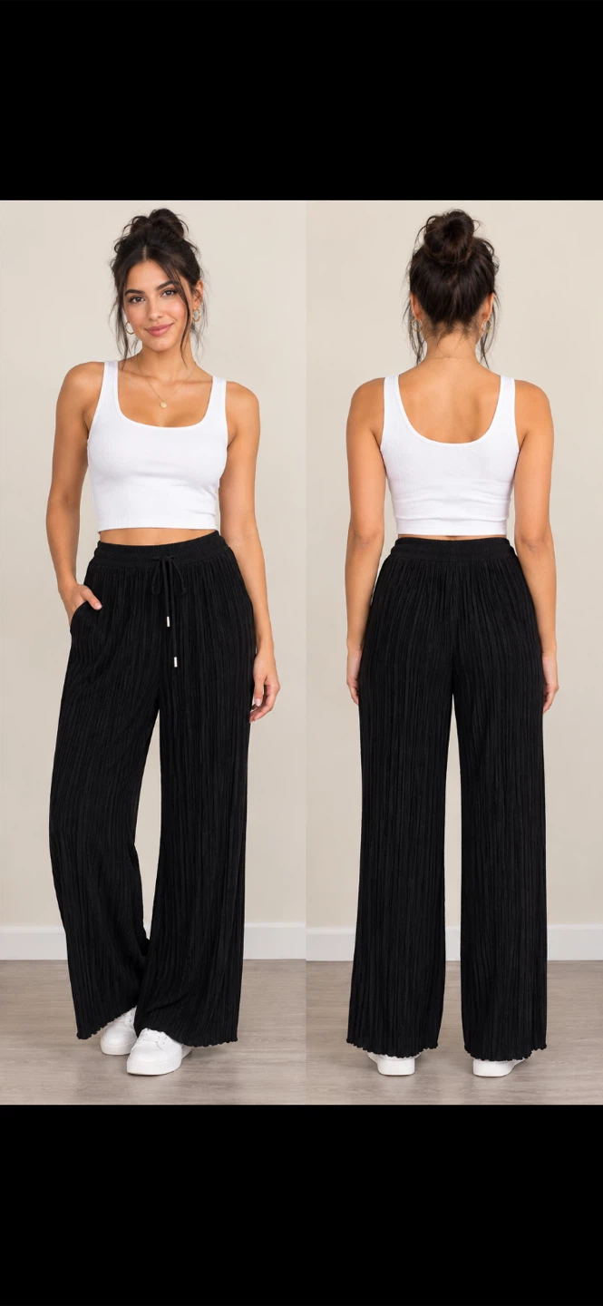 Black pleated pull on wide leg pants