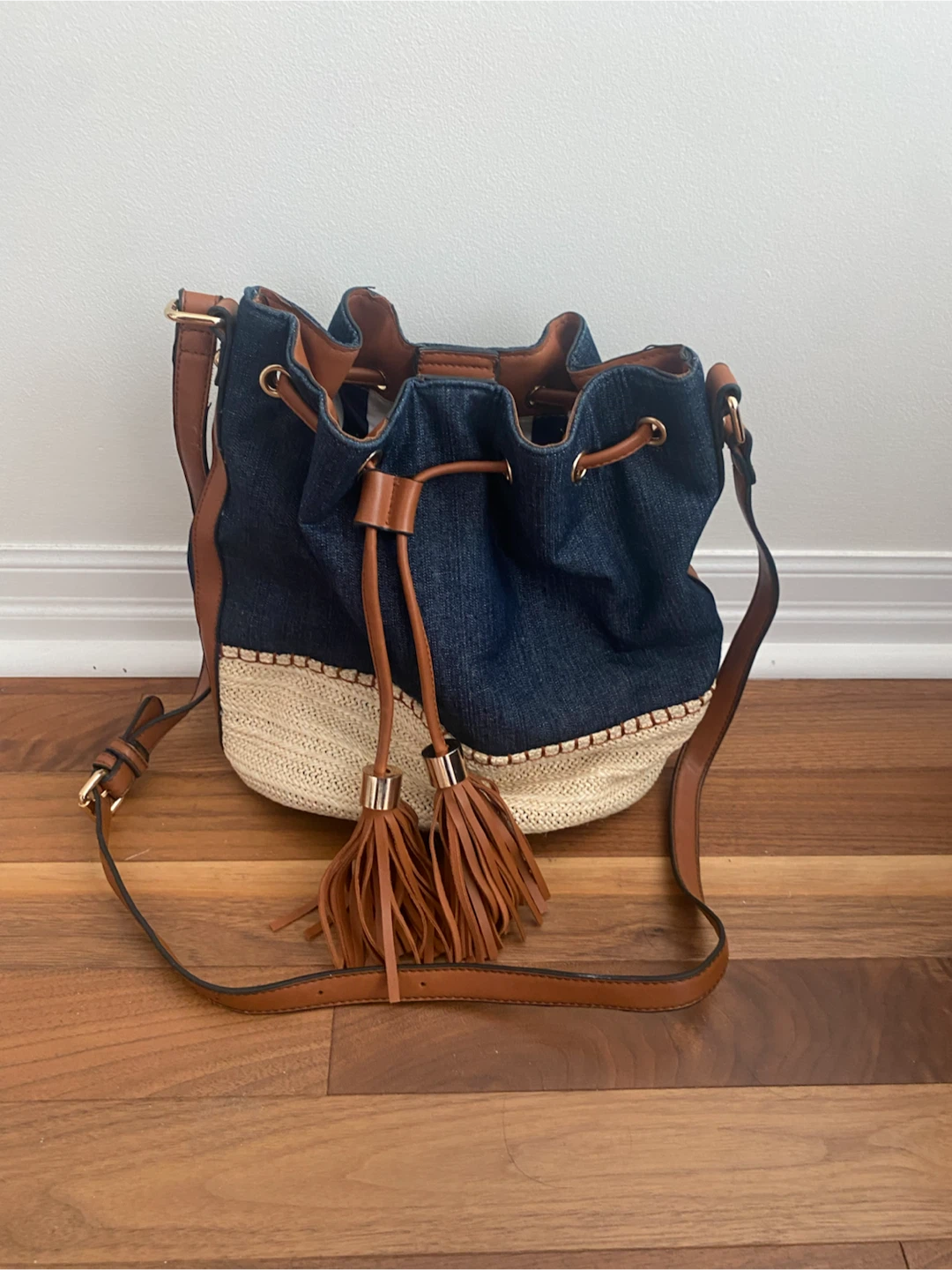 Denim & Weave Crossbody Bucket Bag