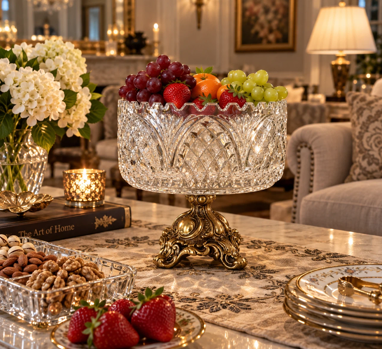 Crystal Fruit Bowl with Ornate Brass Stand