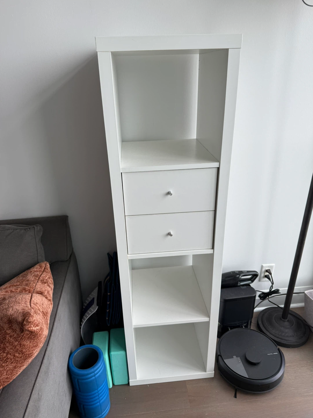 White IKEA Kallax shelving unit with two drawers