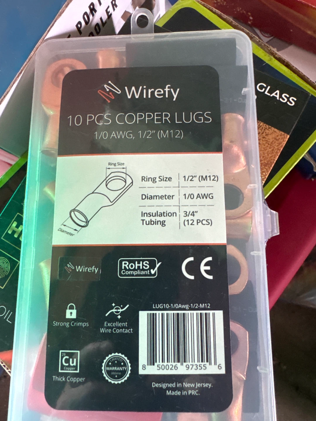Wirefy 10 Pcs Copper Lugs 1/0 AWG 1/2" M12