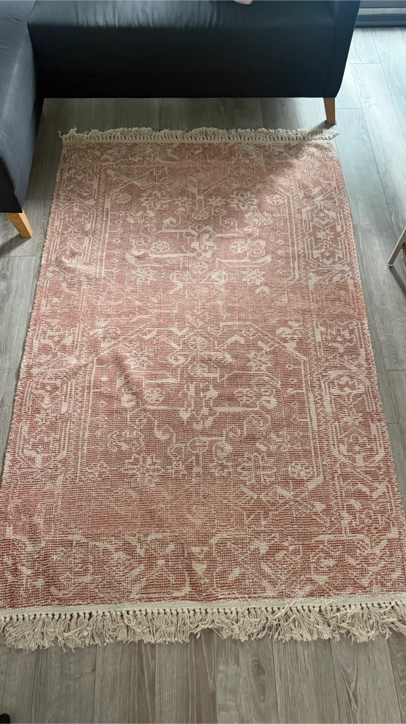 Terracotta and cream patterned area rug with fringe - photo 2