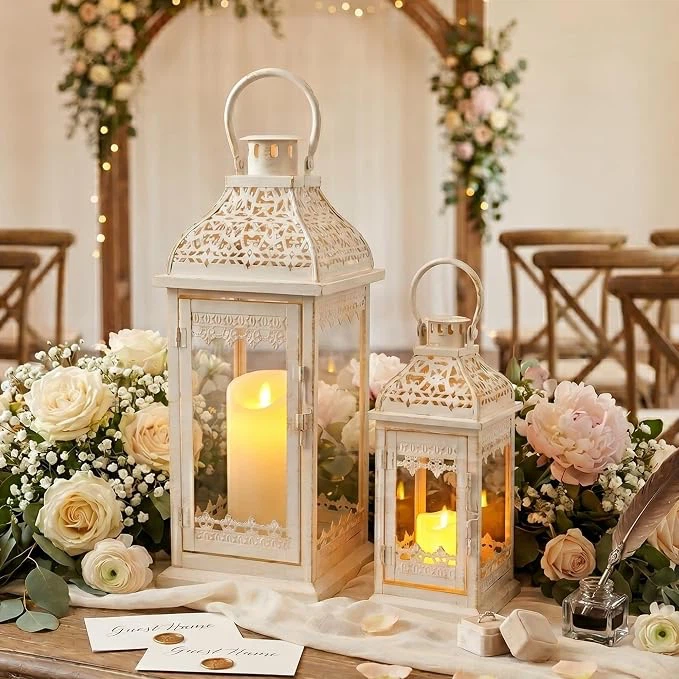Set of Two Decorative White Metal Lanterns