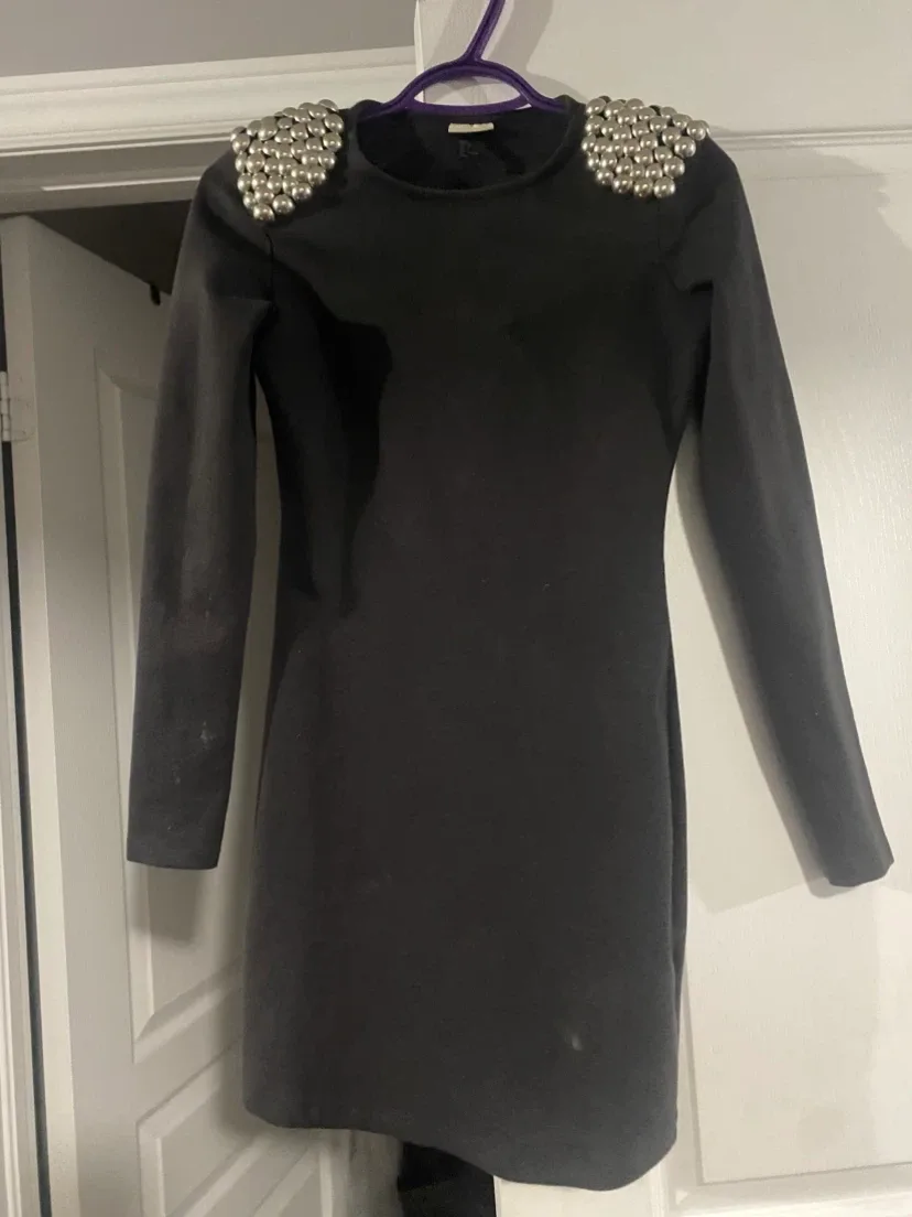 Long-Sleeve Studded Shoulder Dress