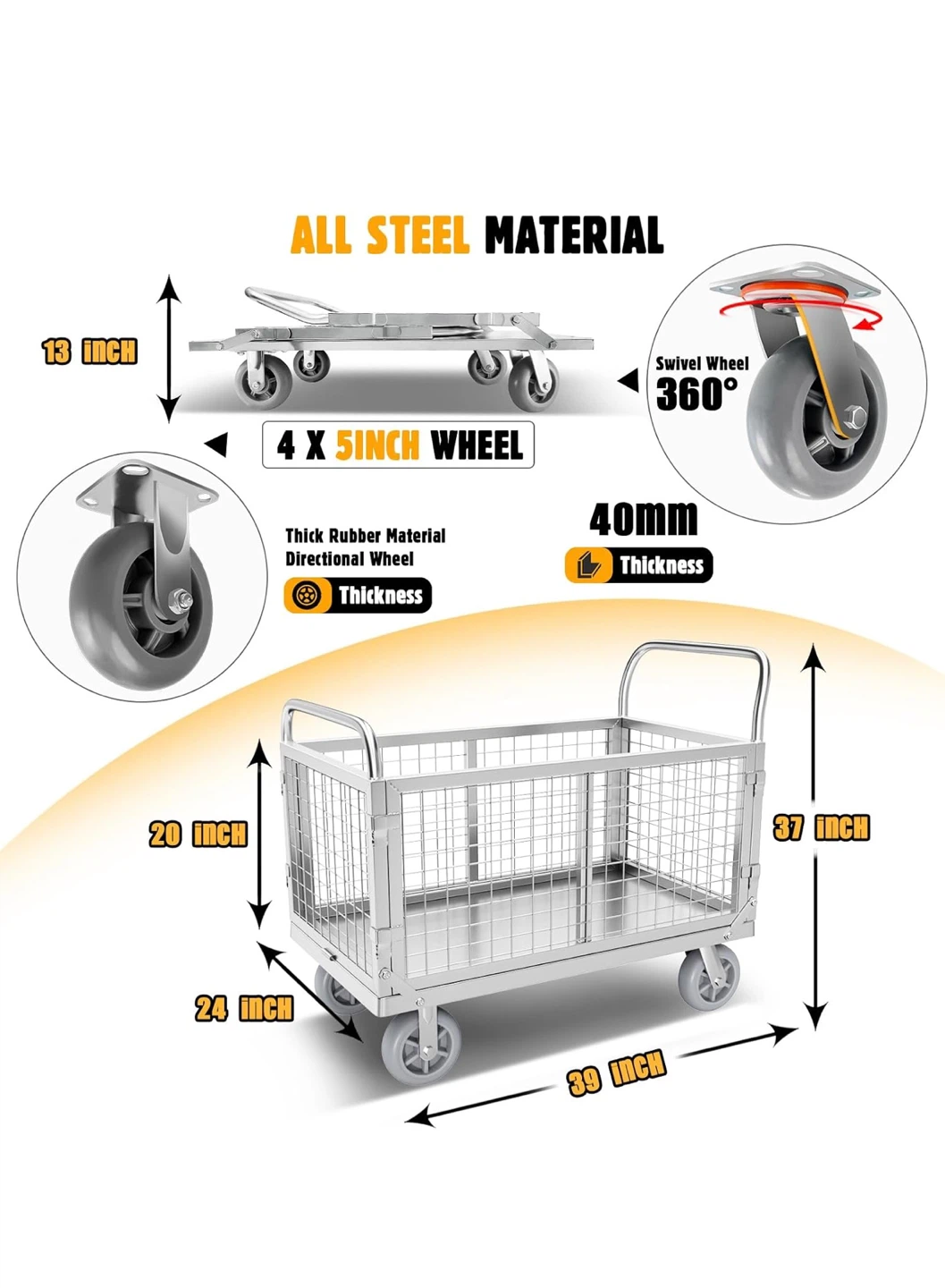 Heavy Duty Steel Platform Cart with Removable Side Rails - photo 2