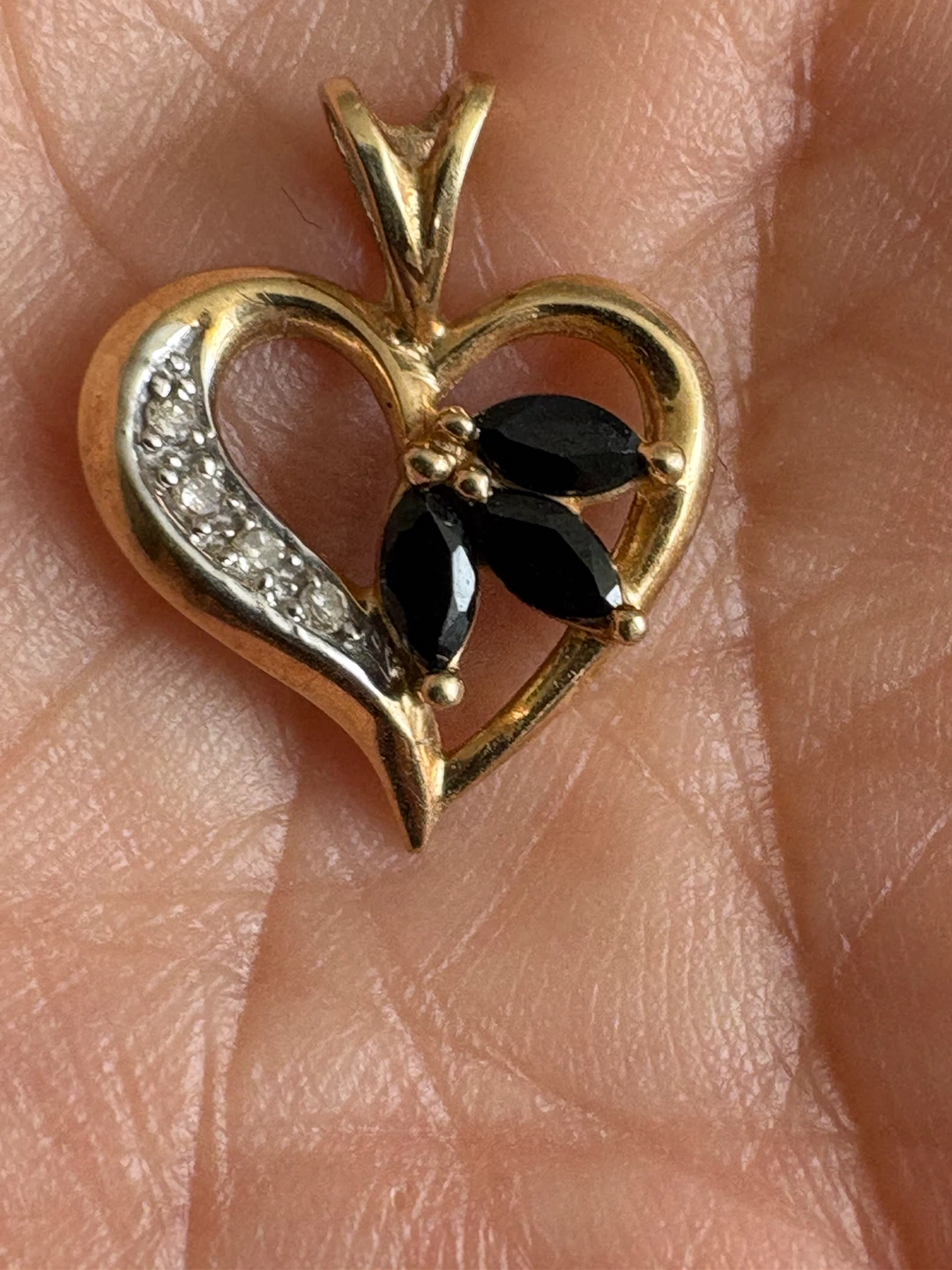 10K Gold Heart Pendant with Dark Gemstones
