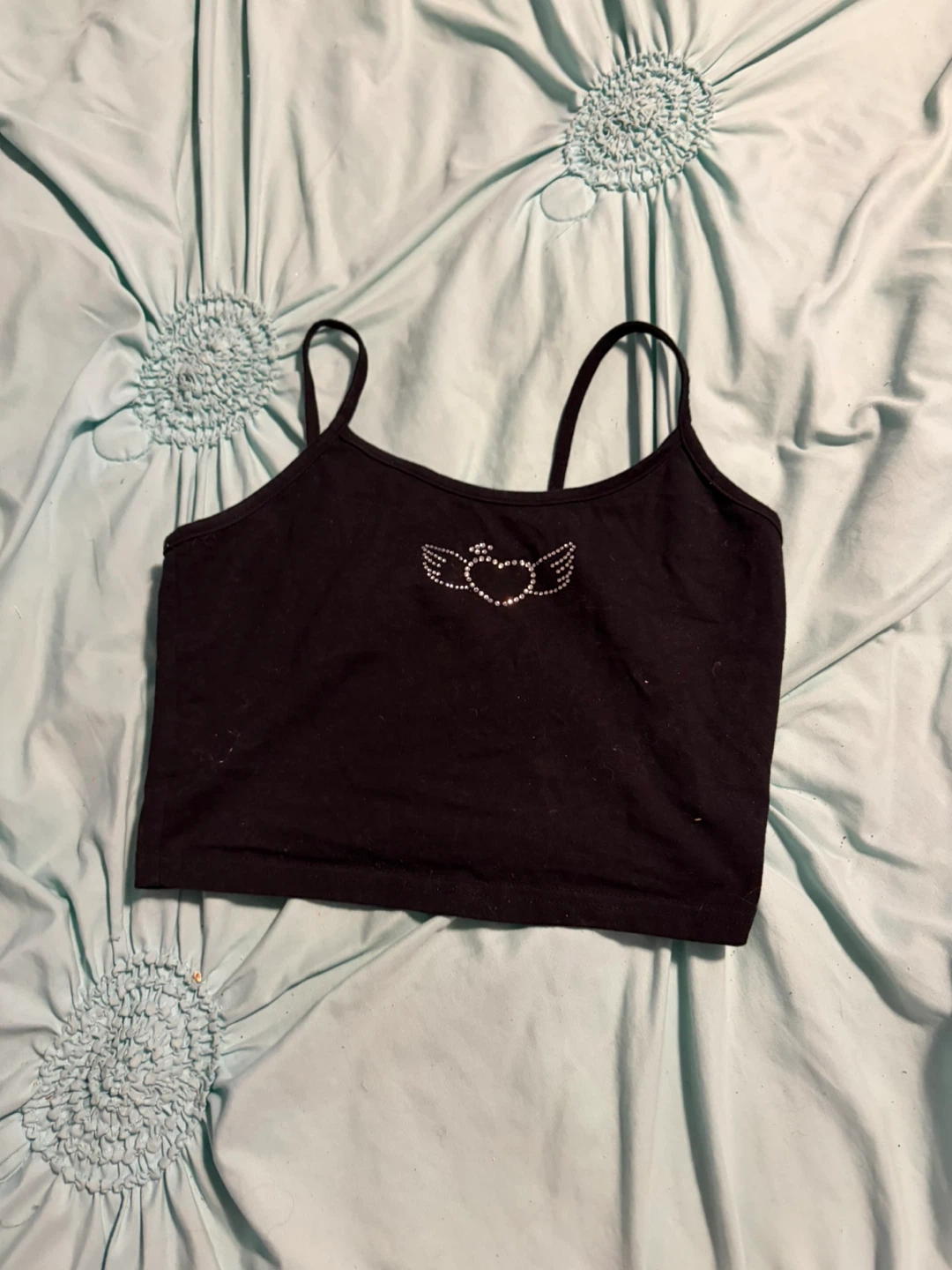 Black Rhinestone Heart Wing Crop Top