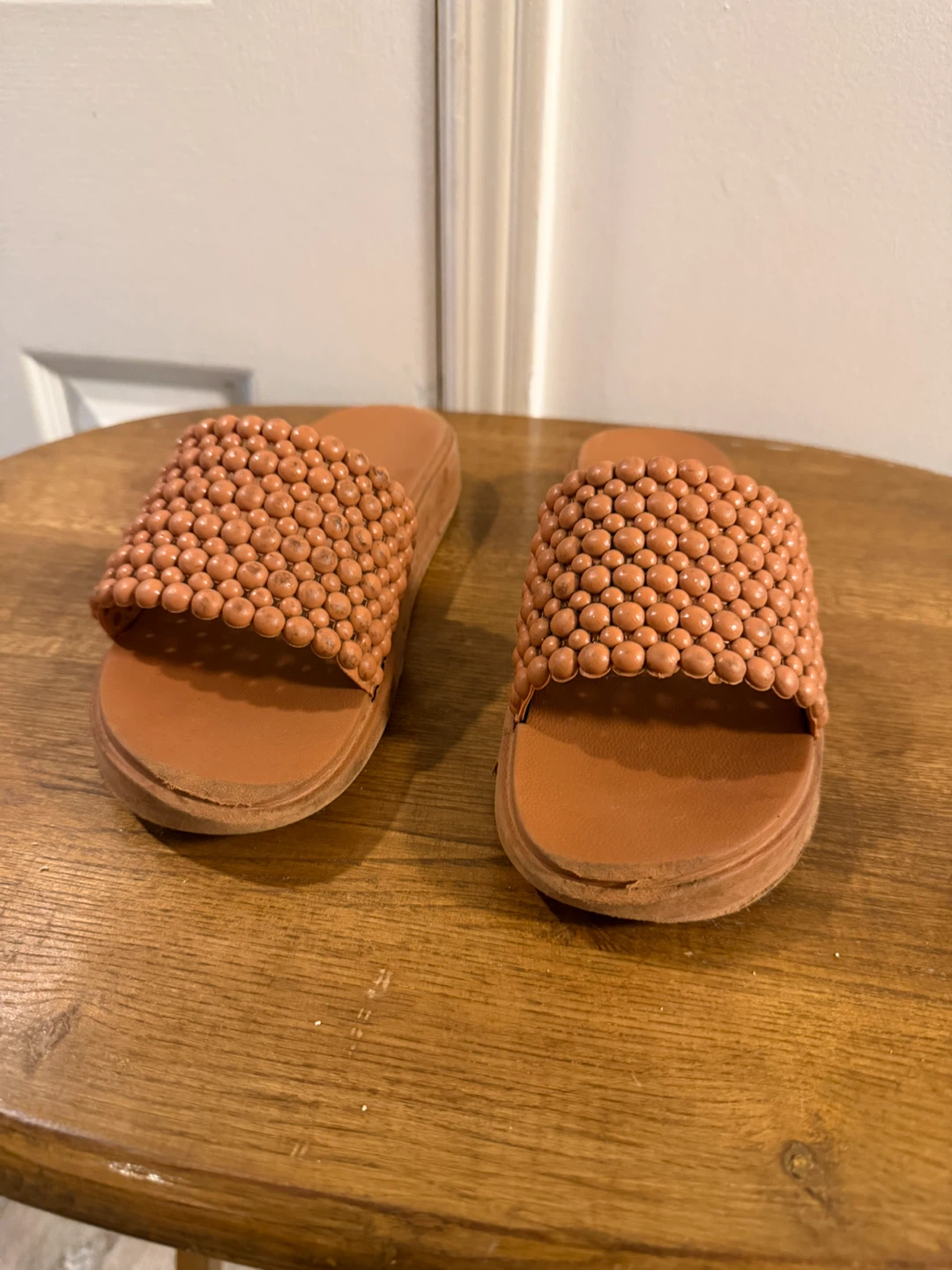 Tan Beaded Slide Sandals