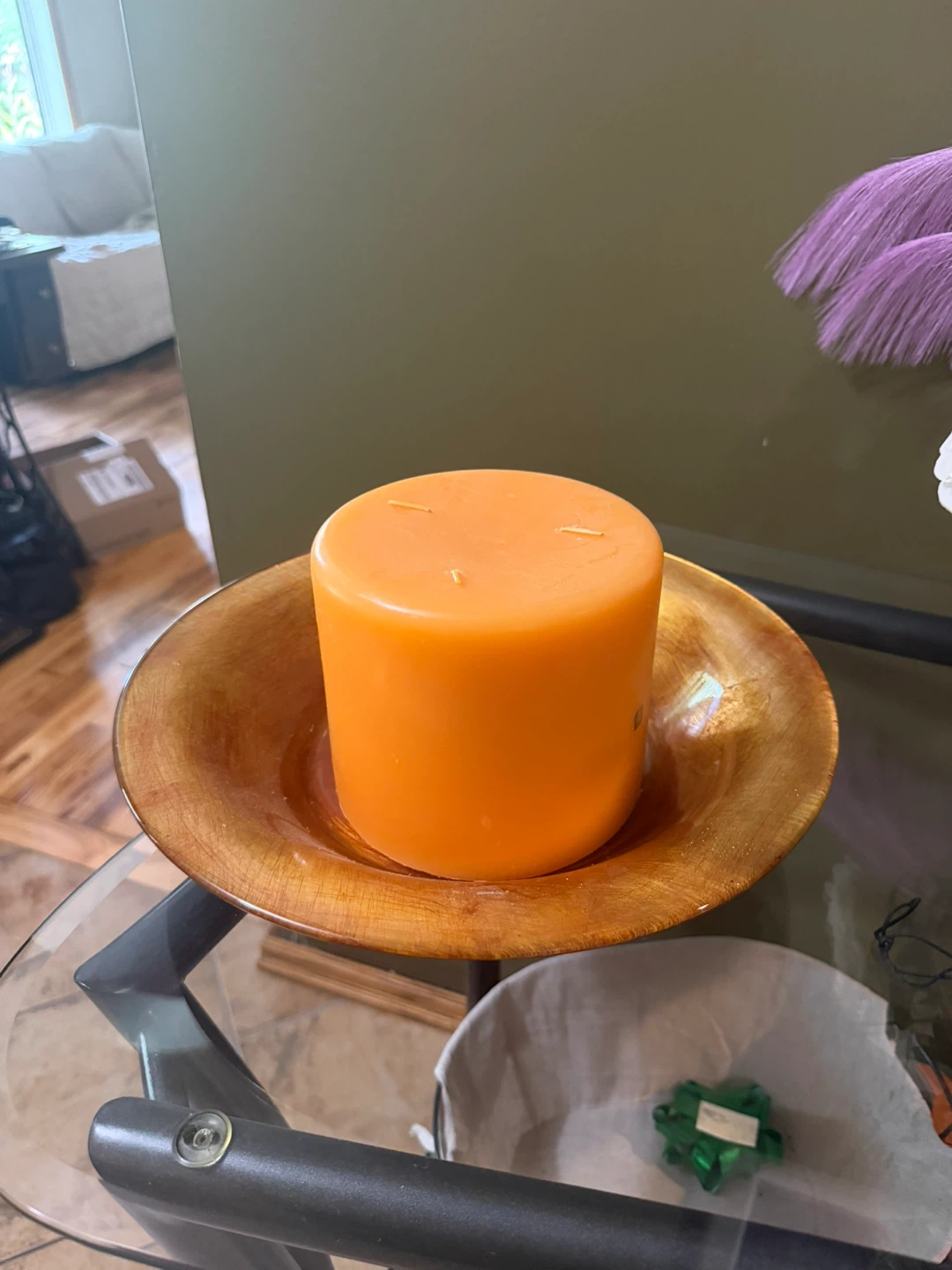 Orange Three-Wick Pillar Candle and Holder