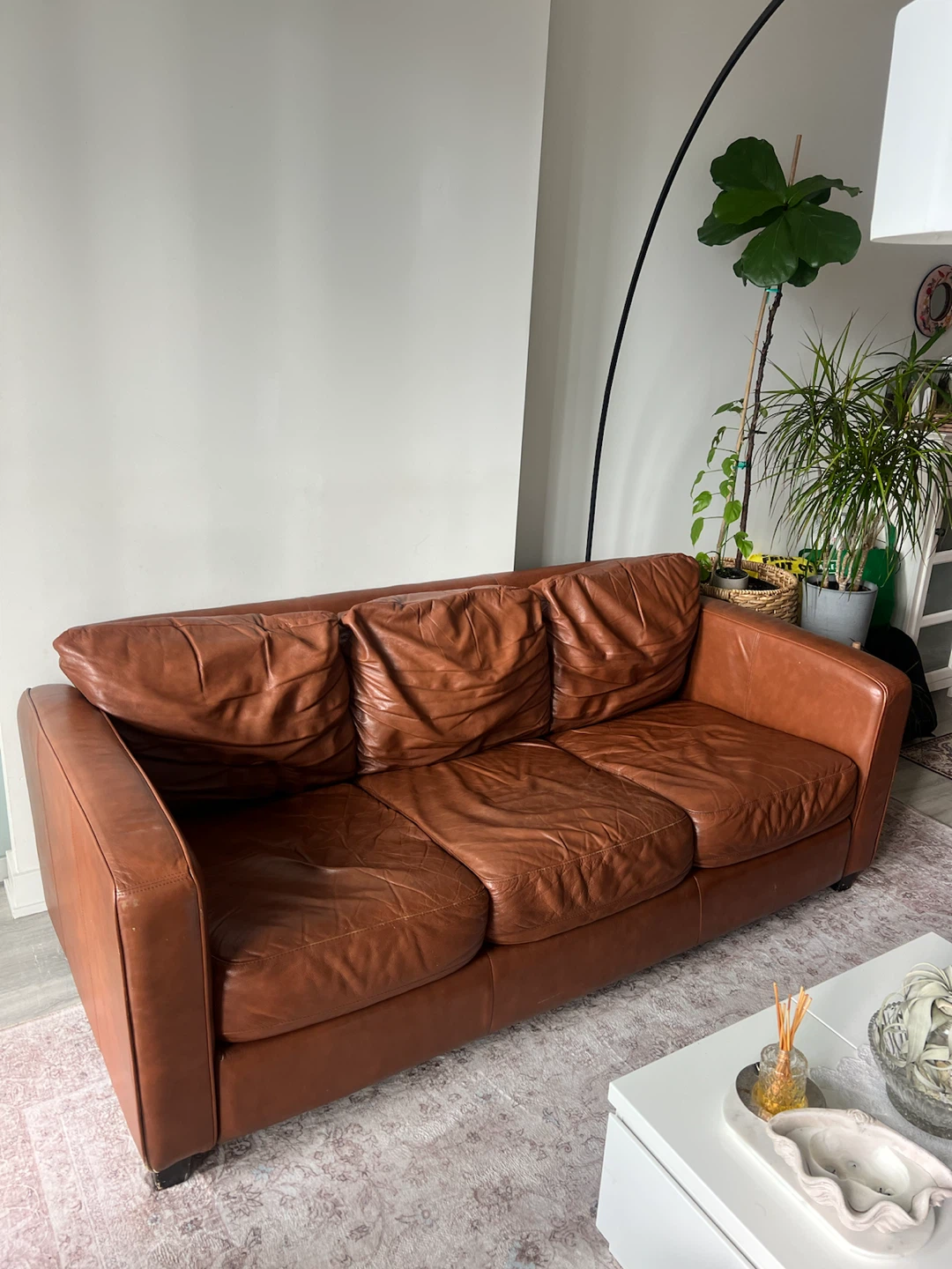 Cognac Brown Leather Sofa / Couch – Large 3–4 Seater – $300