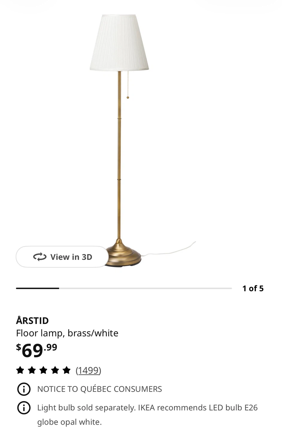 IKEA ÅRSTID Floor Lamp, Brass/White + Light Bulb - photo 2