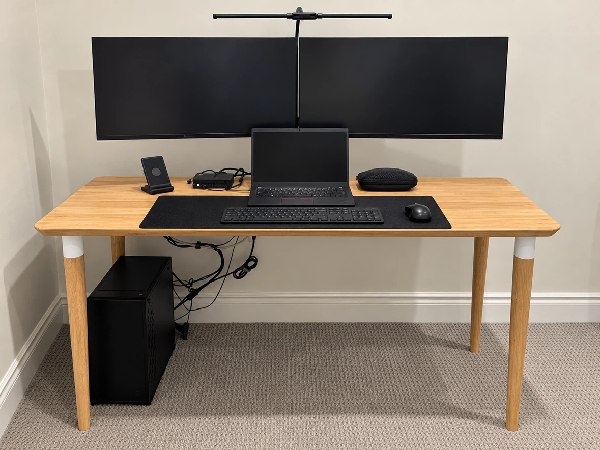Large desk: IKEA ANFALLARE / HILVER desk, bamboo, 140 × 65 cm.