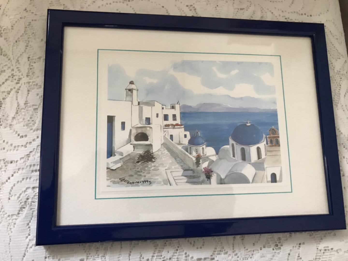 Greek Island Scene Framed Watercolour Print
