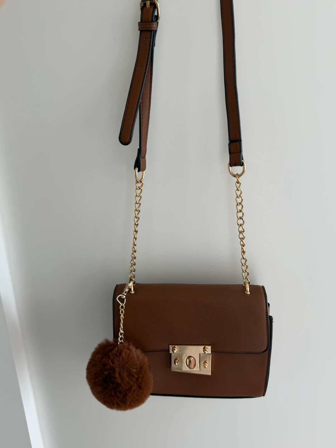 Brown Crossbody Bag with Fur Pom Pom
