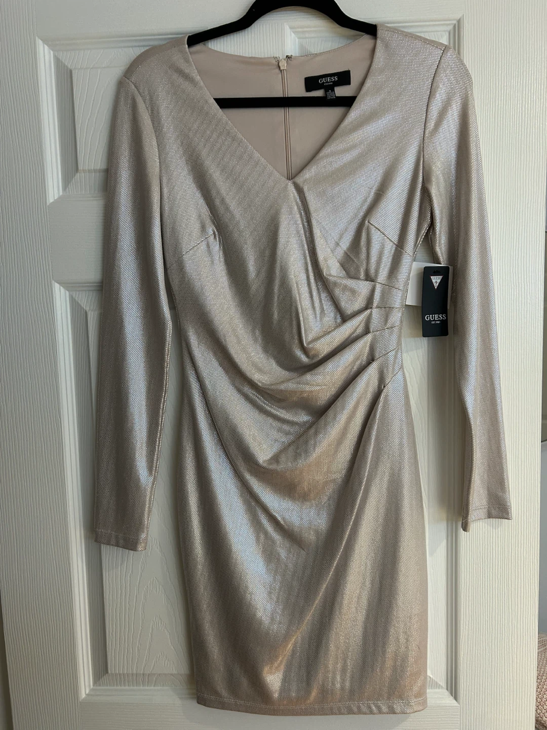 Guess Champagne Metallic Ruched Mini Dress Size 4