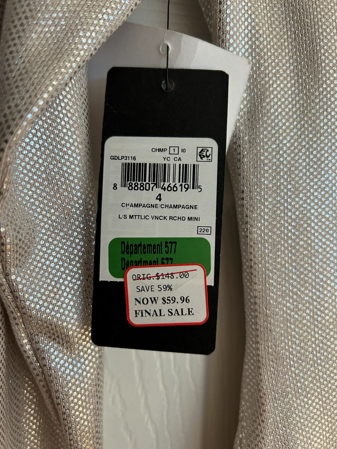 Guess Champagne Metallic Ruched Mini Dress Size 4 - photo 3
