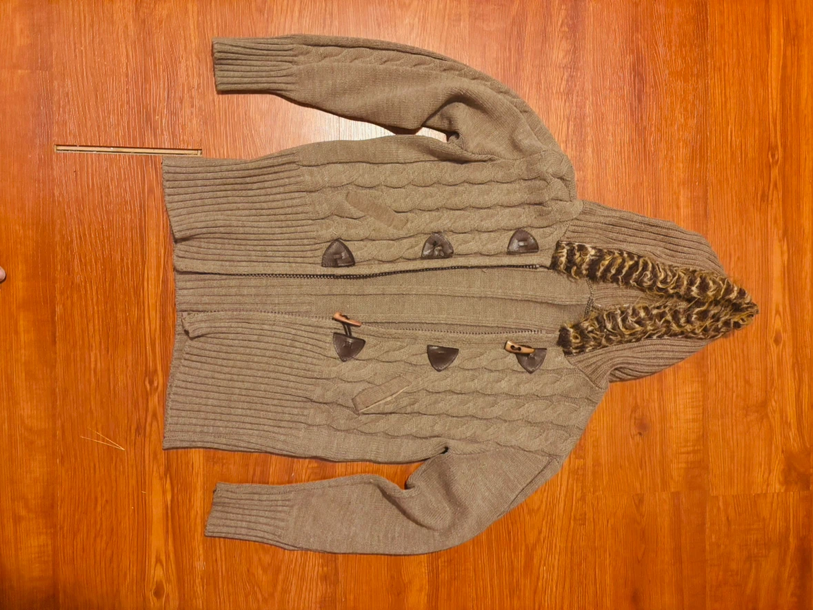 Taupe Cable Knit Toggle Sweater with Faux Fur Hood