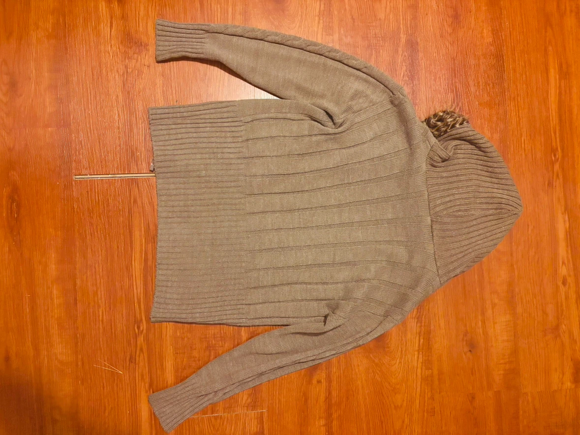 Taupe Cable Knit Toggle Sweater with Faux Fur Hood - photo 2