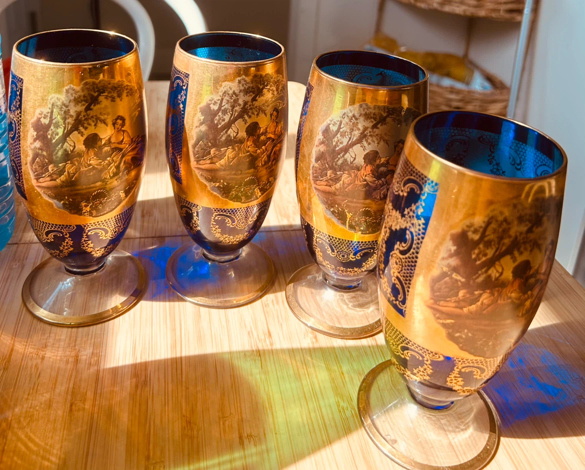 Set of 4 vintage blue and gold glass goblets