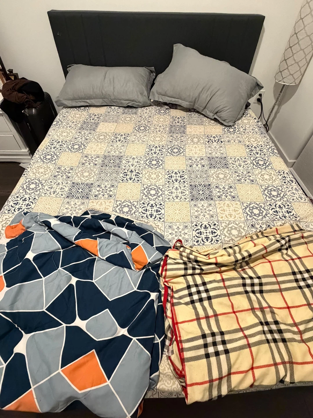 Dark Grey Upholstered Bed Frame with mattress