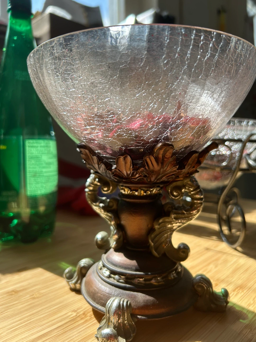 Decorative Crackle Glass Bowl on Ornate Metal Stand