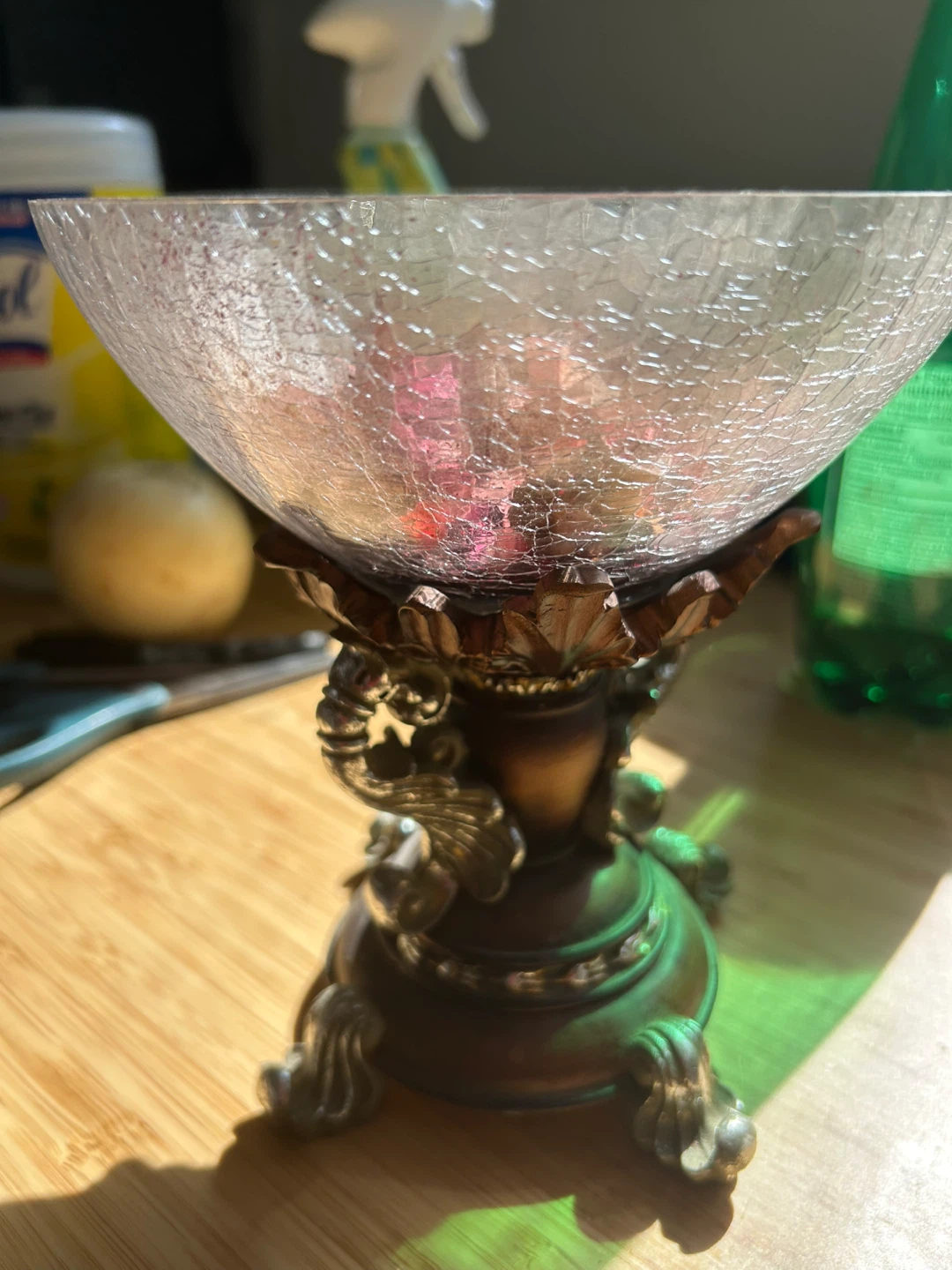 Decorative Crackle Glass Bowl on Ornate Metal Stand - photo 2