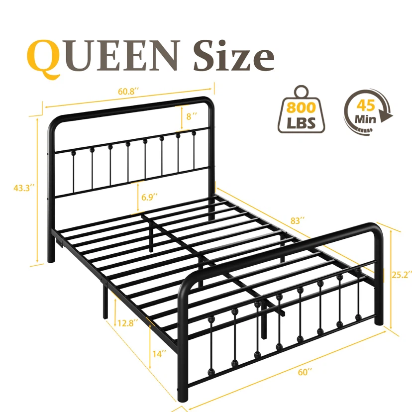 Queen Metal Platform Bed Frame with Charging Ports & LED Lights