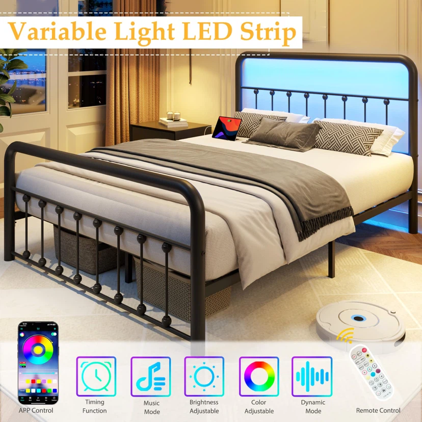 Queen Metal Platform Bed Frame with Charging Ports & LED Lights - photo 2