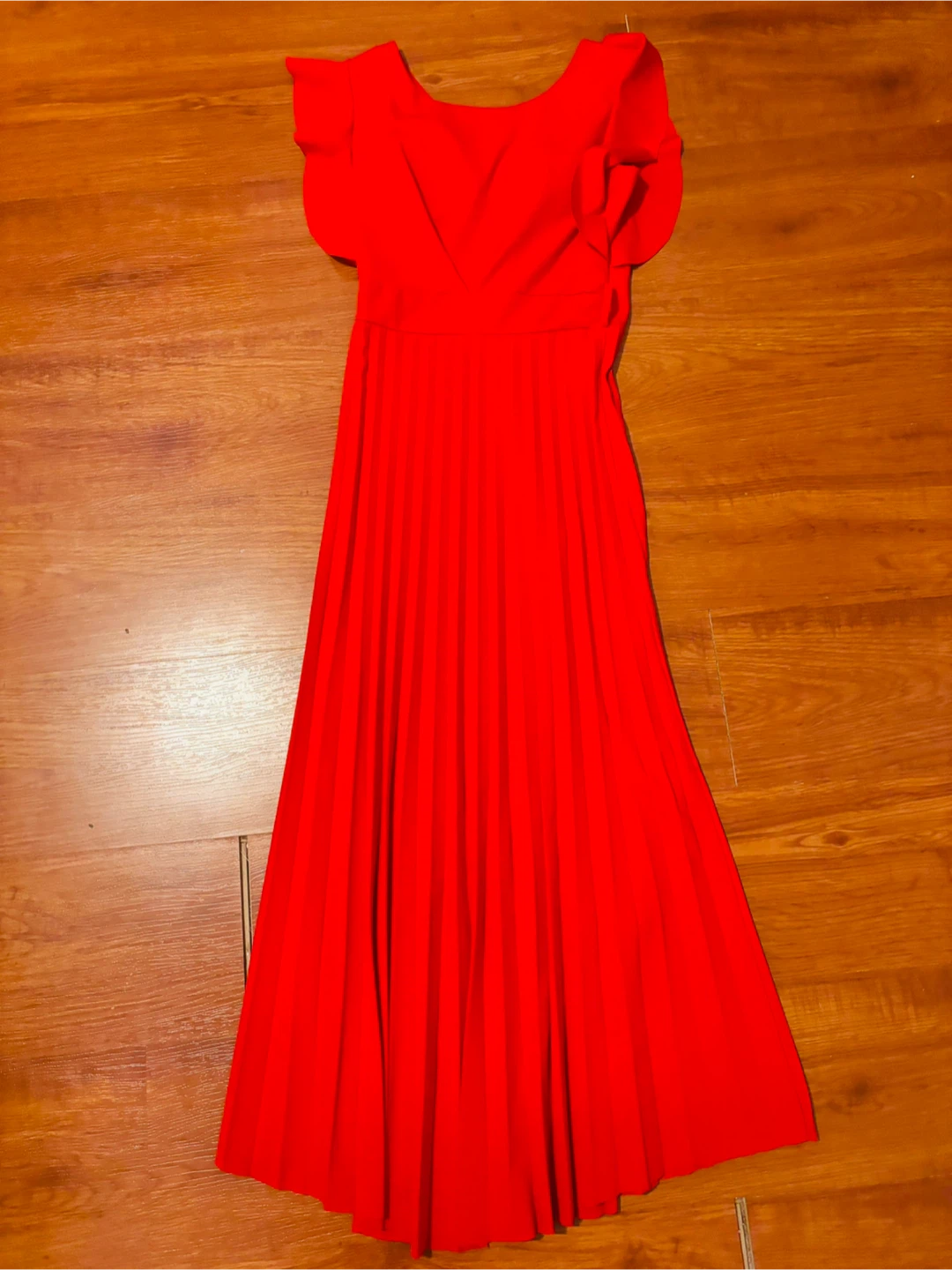 Red Pleated Flutter Sleeve Maxi Dress