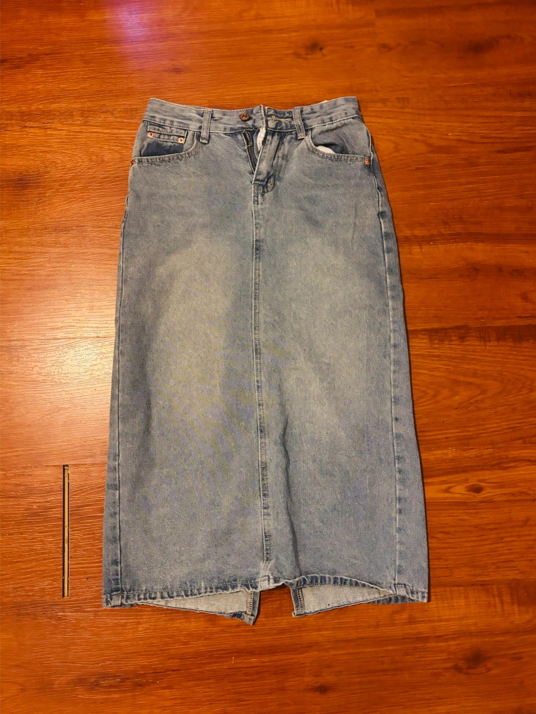 Light wash denim midi skirt