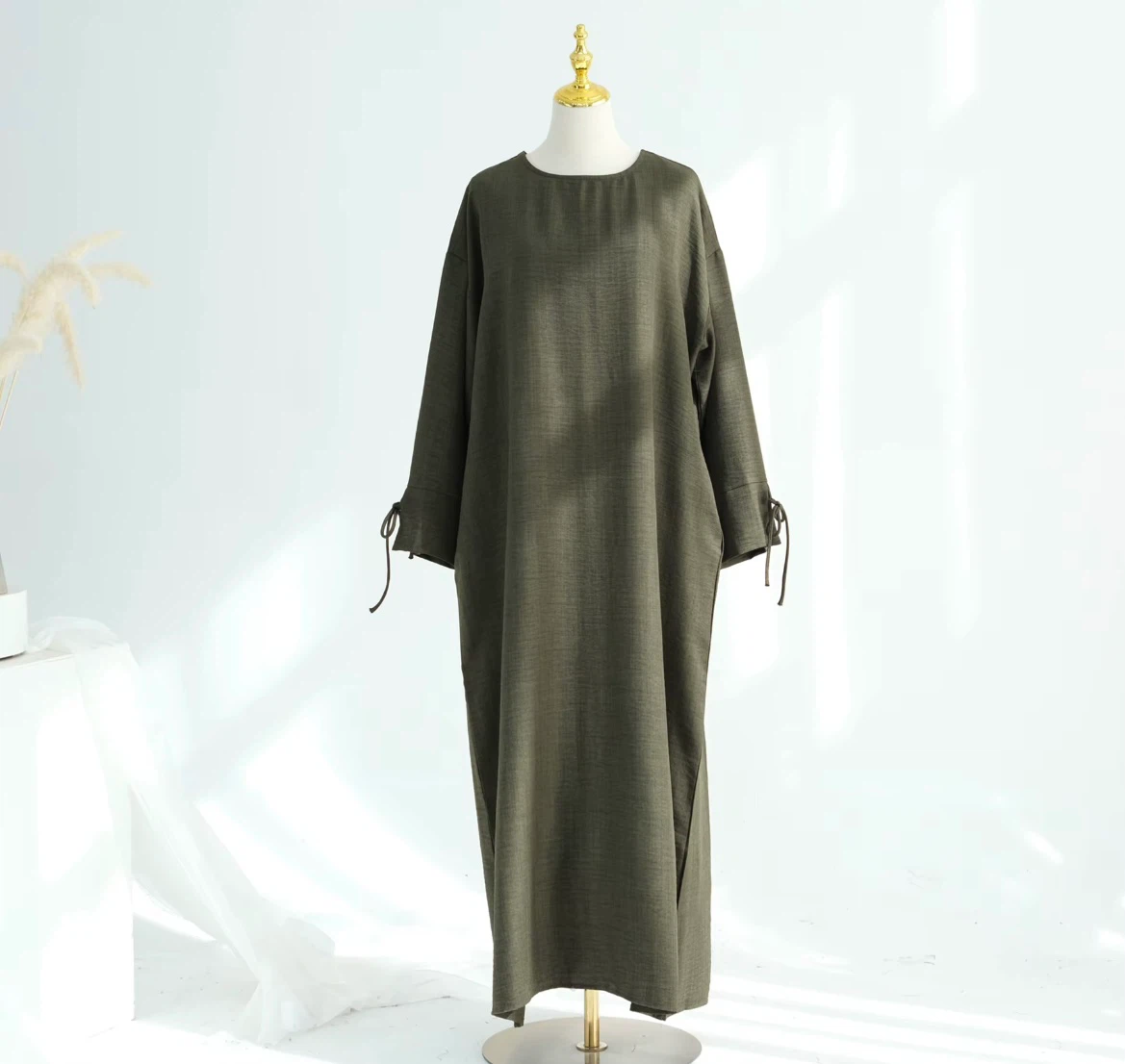 Olive Green Long bow knots Sleeve dress