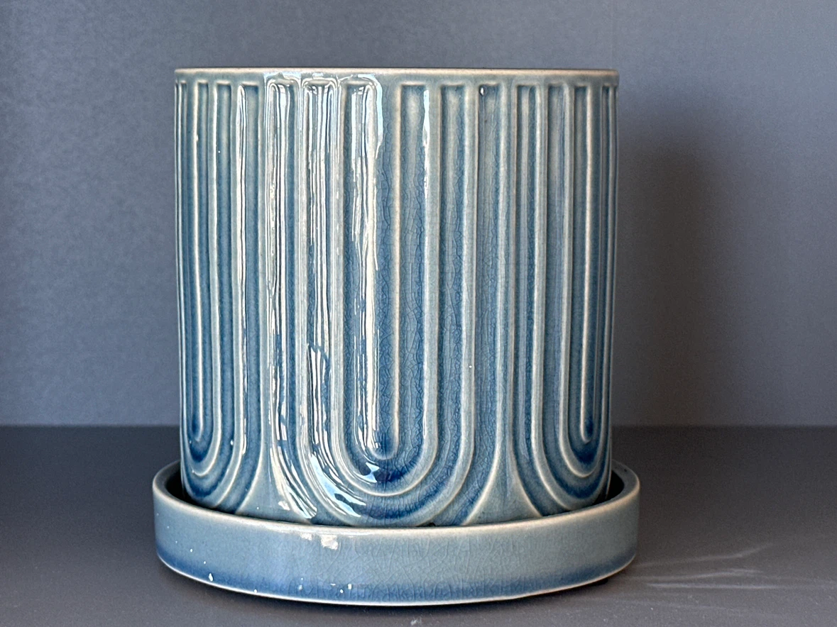 Blue ceramic plant pot with saucer