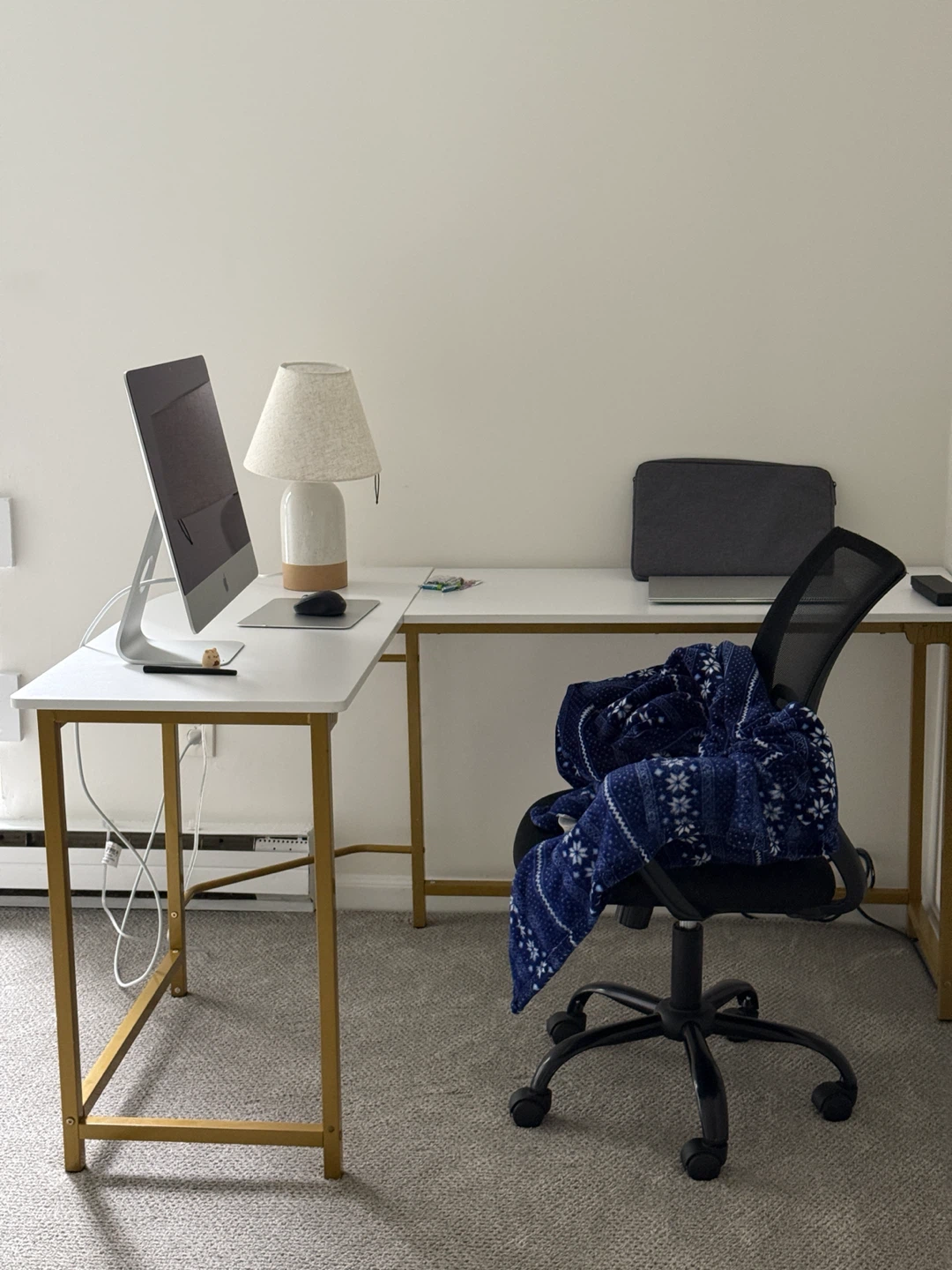 L-Shaped White and Gold Desk