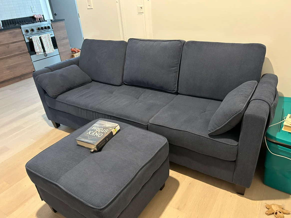 Blue Corduroy Sofa with Matching Ottoman
