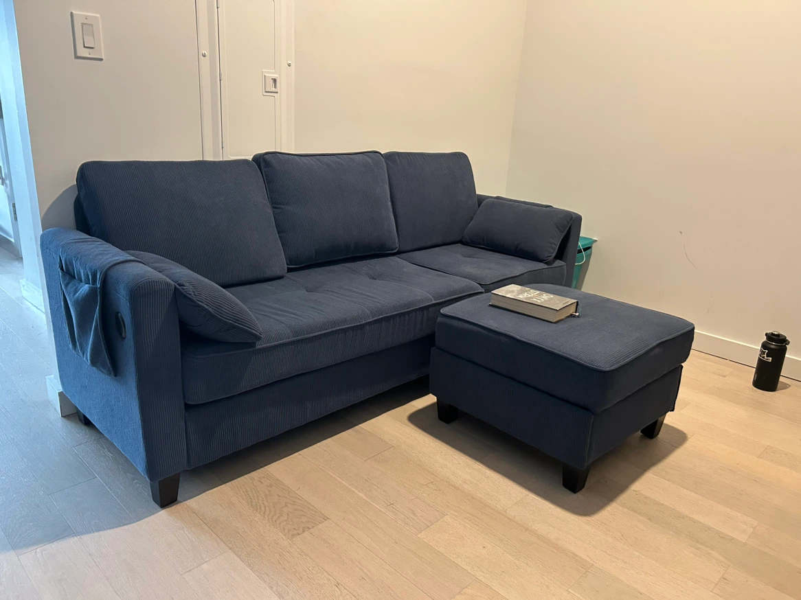 Blue Corduroy Sofa with Matching Ottoman - photo 2