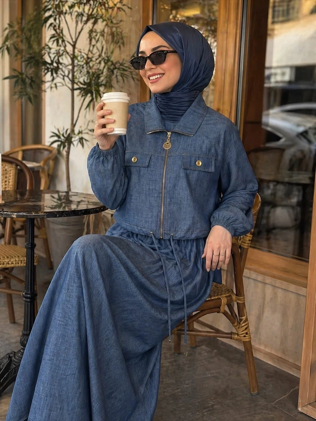 Denim Zip-Up Jacket and Skirt Set