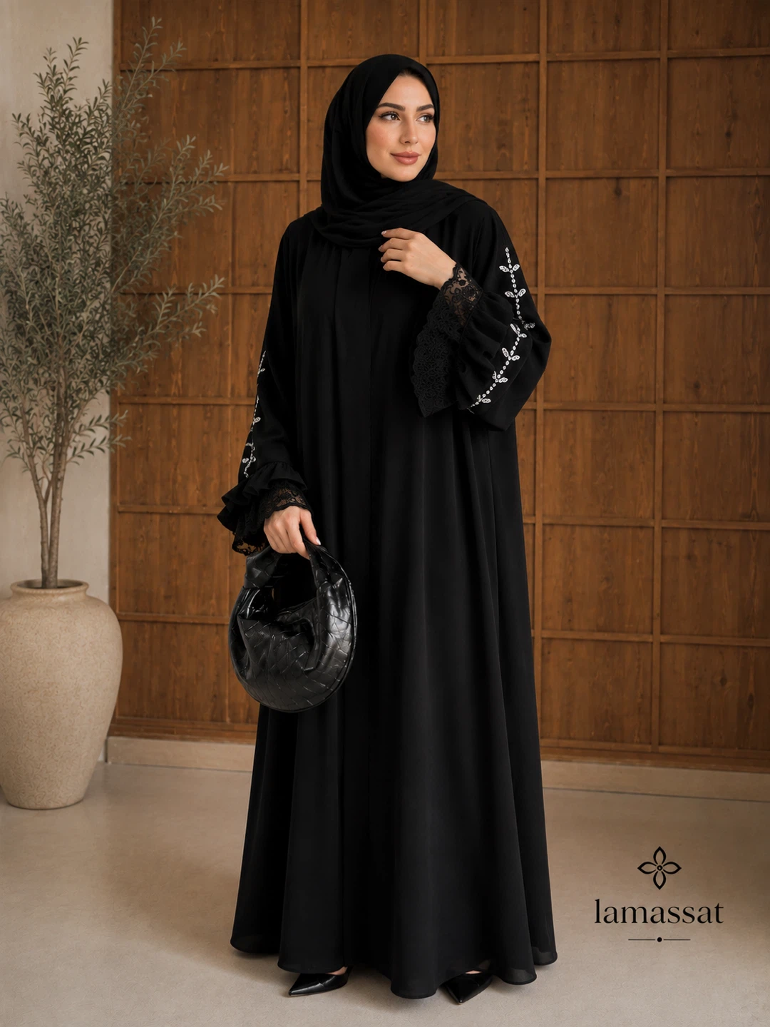 Turkish-Black Abaya with Embroidered Lace Sleeves