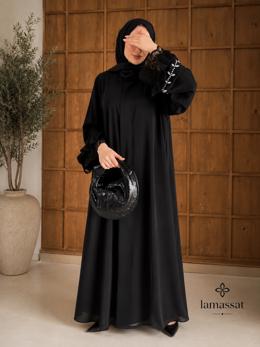 Turkish-Black Abaya with Embroidered Lace Sleeves - photo 2