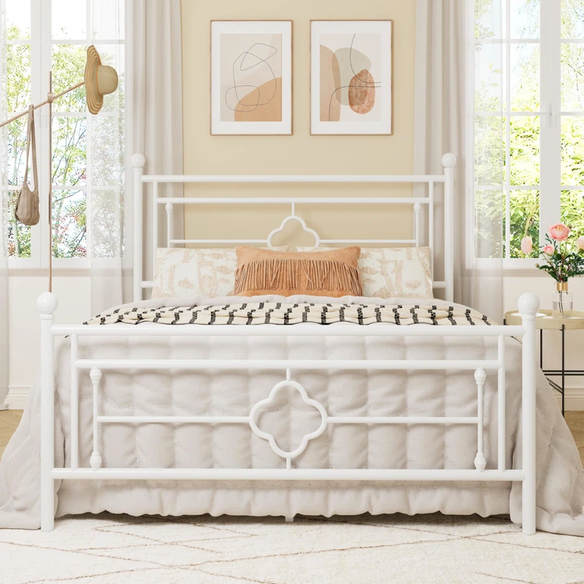 Full Size Metal Platform Bed Frame with Vintage Headboard