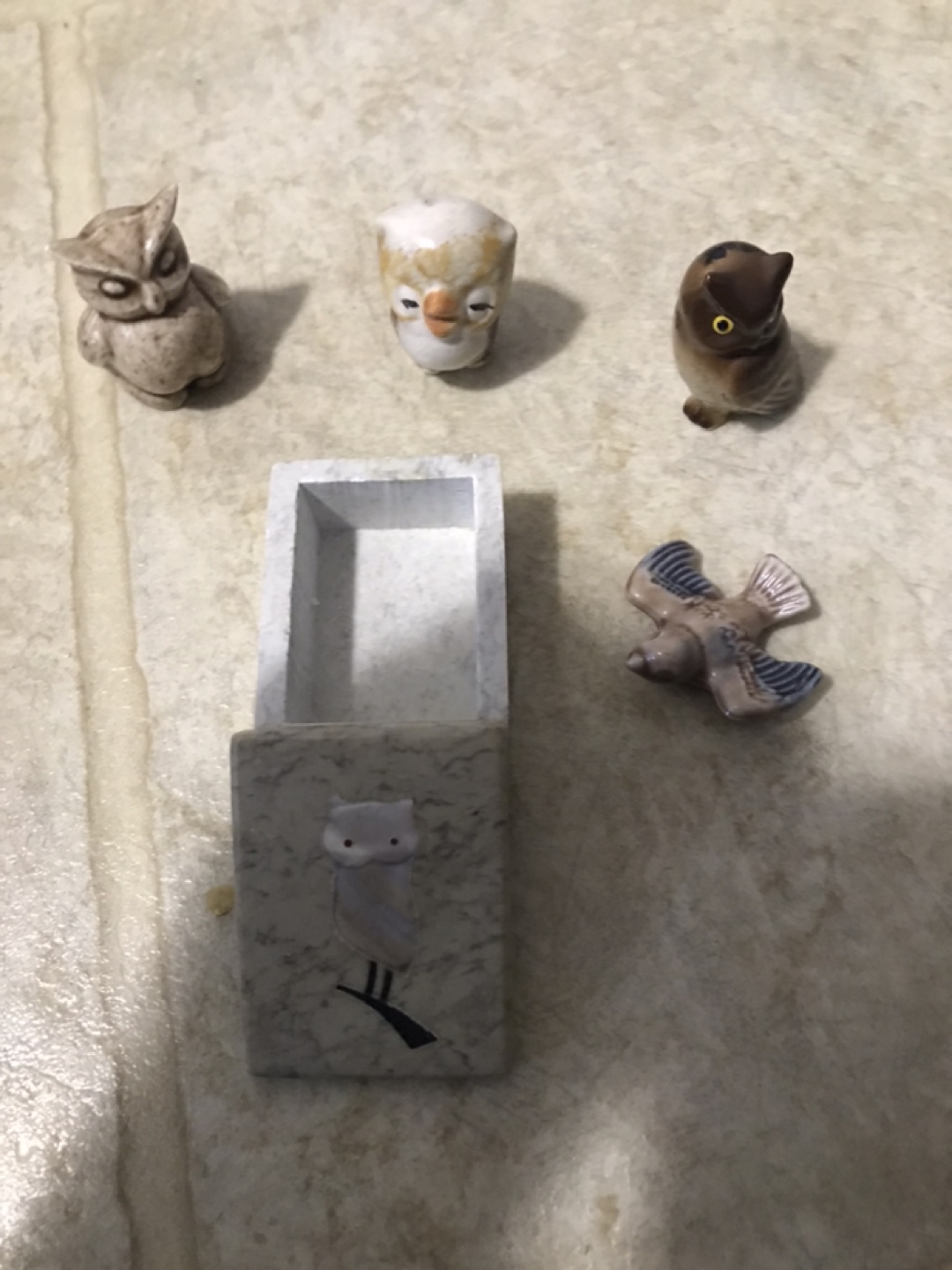 Owl trinket box and miniature owl figures
