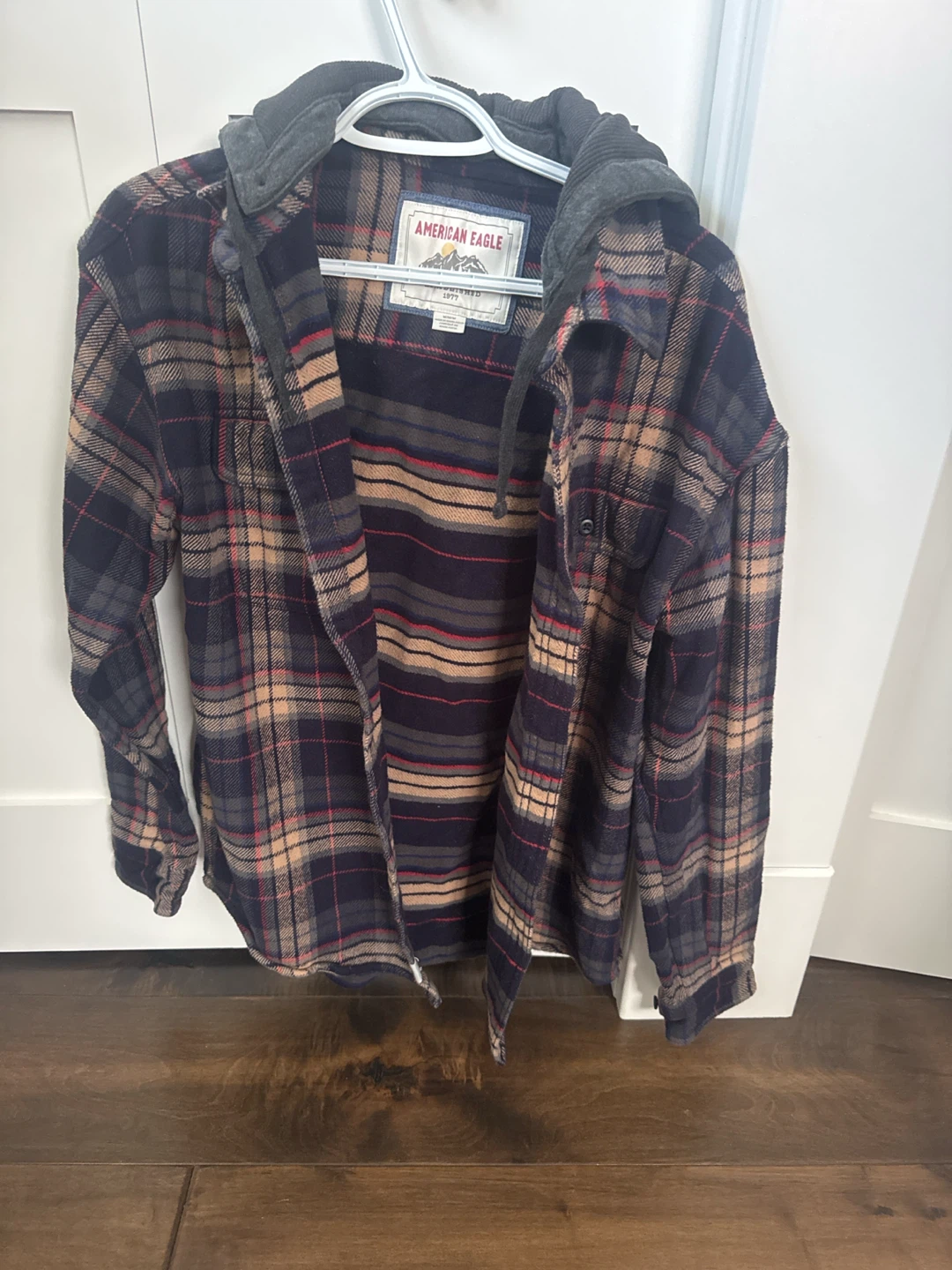 American Eagle Plaid Hooded Flannel Shirt