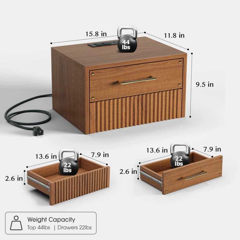 Floating Nightstand Set of 2 with Charging Station,Wall Mounted - photo 2