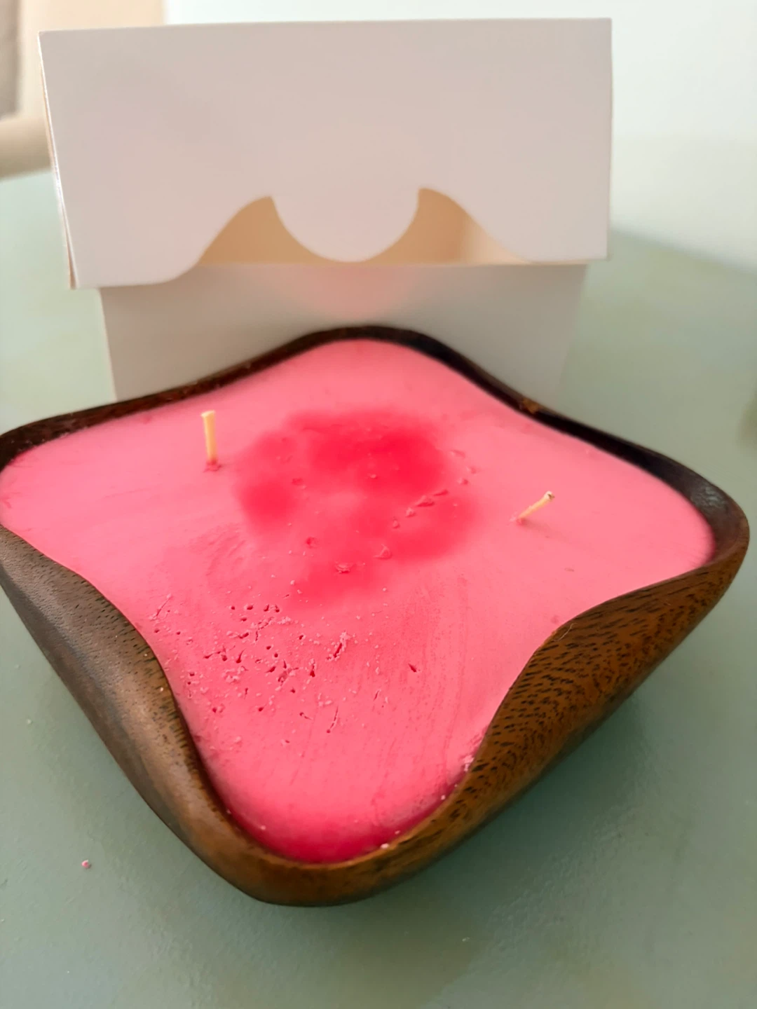 Pink Candle in Wooden Bowl